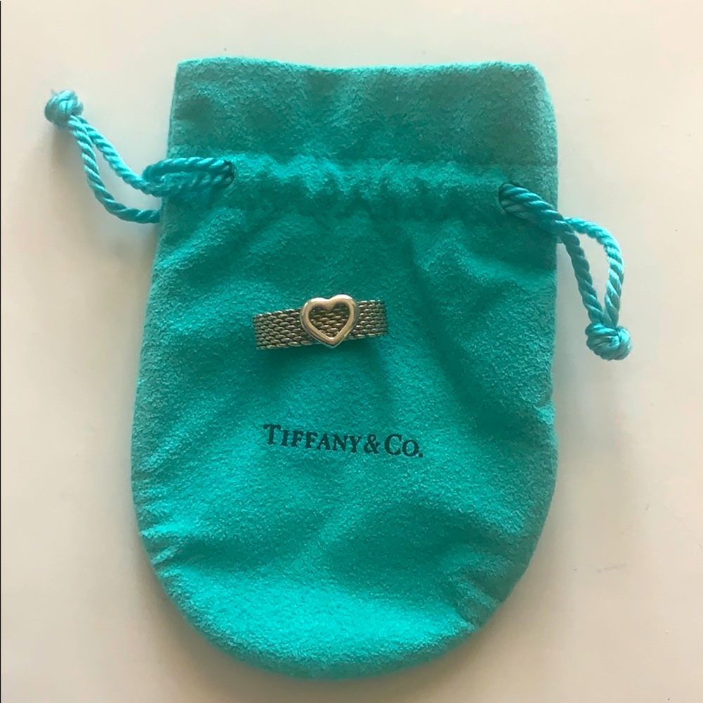 Tiffany & Co. Silver Mesh Heart Ring on Tiffany Blue Pouch